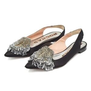 ROCHAS Black Satin Slingback Toe Crystal Rhinestone Made in Italy Size 40/ 9 9.5